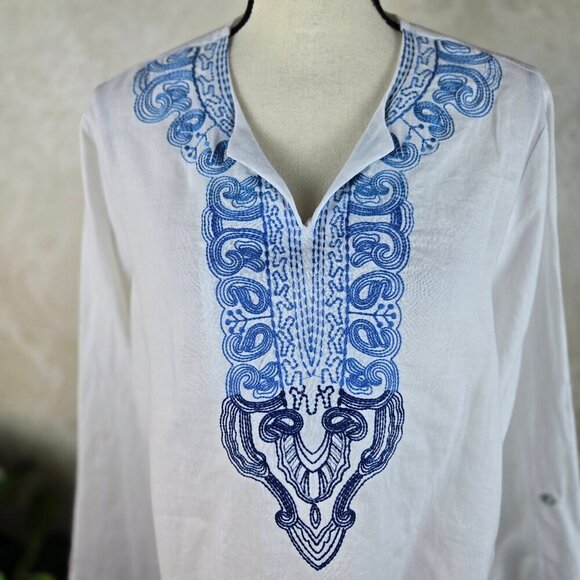 Symple NYC White Linen Tunic Blouse Ombre Blue Embroidery Roll Tab Sleeves - Picture 2 of 15